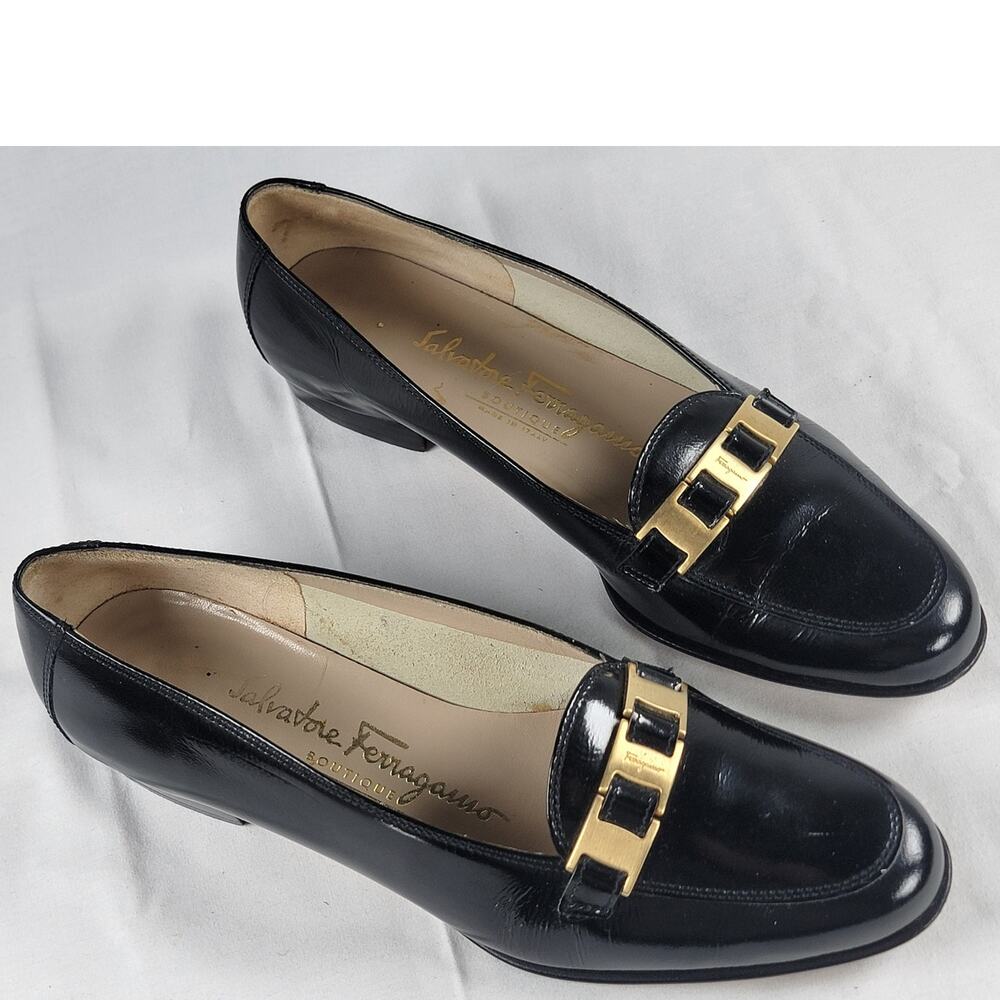 Vintage Salvatore Ferragamo Black Leather Gancini Loafers 5.5 Italy
